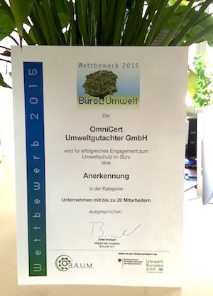 Urkunde für OmniCert Umweltgutachter GmbH für Büro & Umwelt 2015 Wettbewerb 