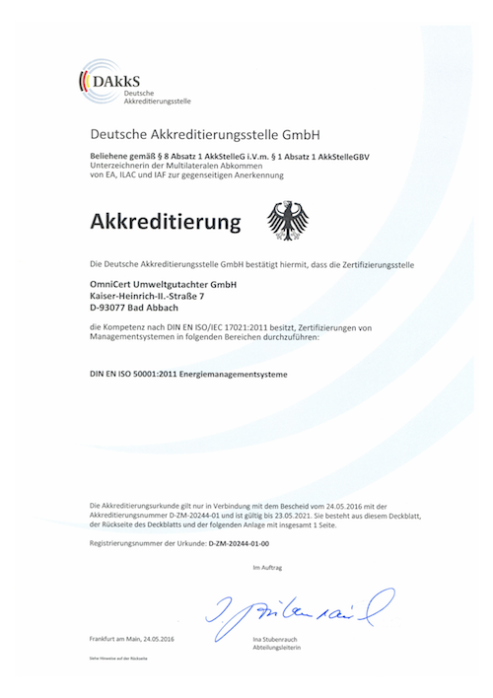 Die Akkreditierungsurkunde für OmniCert Umweltgutachter GmbH für den Bereich DIN EN ISO 50001:2011 Energiemanagementsysteme.