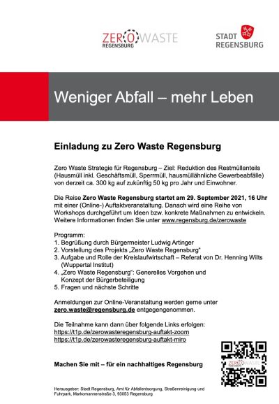 Jetzt für die Auftaktveranstaltung am 29. September 2021 unter zero.waste@regensburg.de anmelden und mitgestalten.
